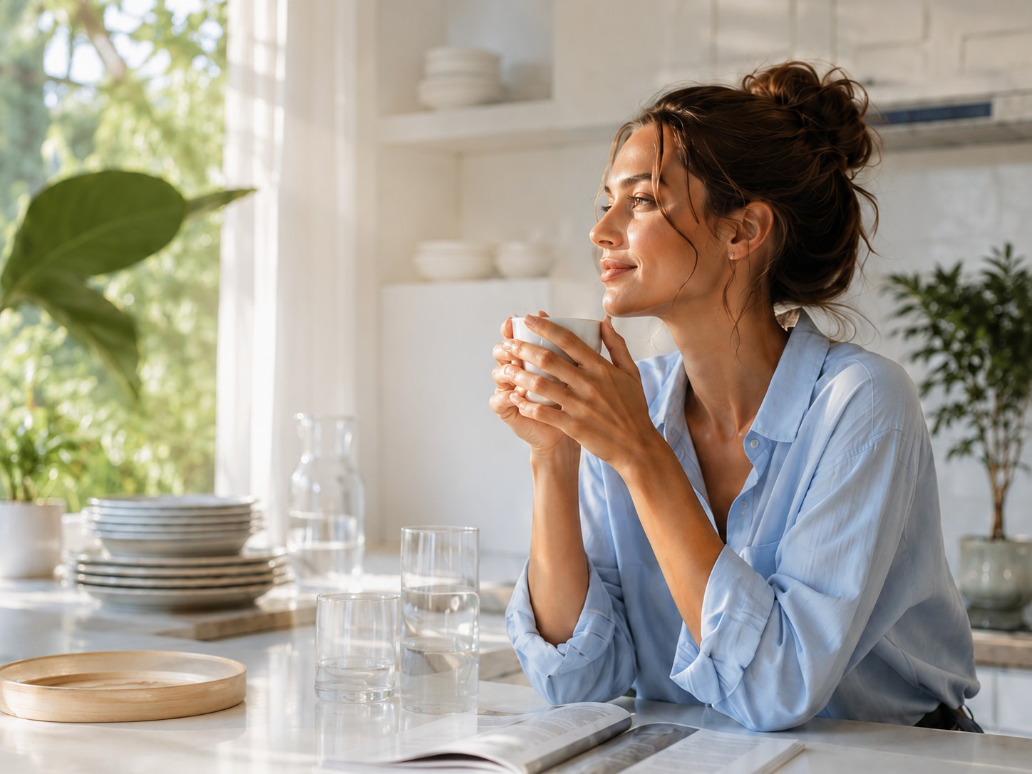 Светлая кухня, чистая посуда и спокойный момент дома